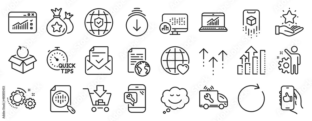 Set of Technology icons, such as Loyalty points, Analysis graph, Scroll down icons. Loyalty program, Web traffic, Synchronize signs. Quick tips, Car service, Analytics chart. Like app. Vector