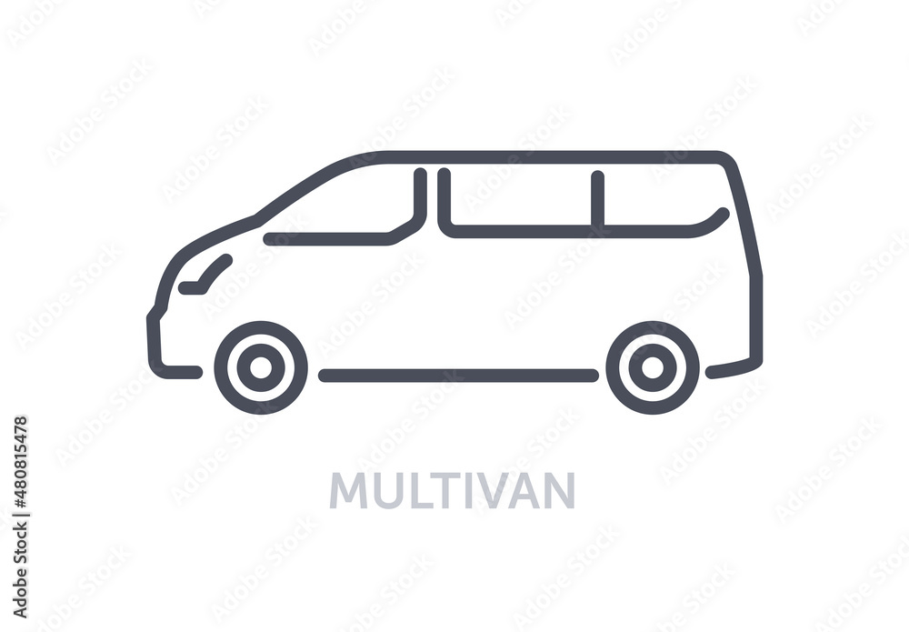 Vehicles types concept. Minimalistic icon with Multivan. Small bus for traveling and large groups of people. Car for driving around city. Cartoon flat vector illustration isolated on white background
