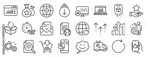 Set of Technology icons  such as Loyalty points  Analysis graph  Scroll down icons. Loyalty program  Web traffic  Synchronize signs. Quick tips  Car service  Analytics chart. Like app. Vector