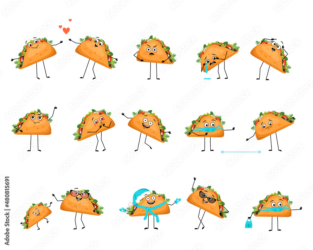 Cute character mexican taco with happy or sad emotions, panic, loving or brave face, hands and legs. Cheerful fast food person, sandwich with mask, glasses or hat. Vector flat illustration Cute character mexican taco with happy or sad emotions, panic, loving or brave face, hands and legs. Cheerful fast food person, sandwich with mask, glasses or hat. Vector flat illustration