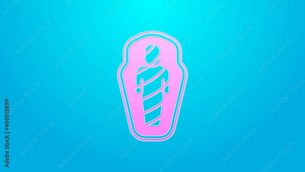 Pink line Egypt mummy in sarcophagus icon isolated on blue background. 4K Video motion graphic animation Pink line Egypt mummy in sarcophagus icon isolated on blue background. 4K Video motion graphic animation
