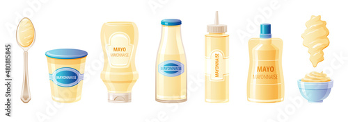 Mayonnaise sauce. Vector mayo bottle set. White cheese dressing illustration. Food jar, bowl, plastic pack, spoon, bottle, splash isolated. 3d cream template. Realistic Mayonnaise collection