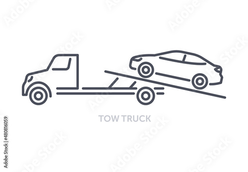 Vehicles types concept. Minimalistic icon with tow truck. Large truck for transporting improperly parked cars. Design element for apps. Cartoon flat vector illustration isolated on white background