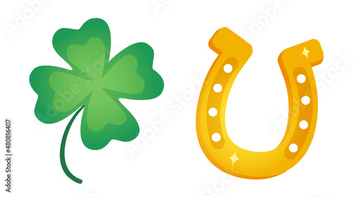Vector set icons of lucky clover and horseshoe or Patrick's day. photo