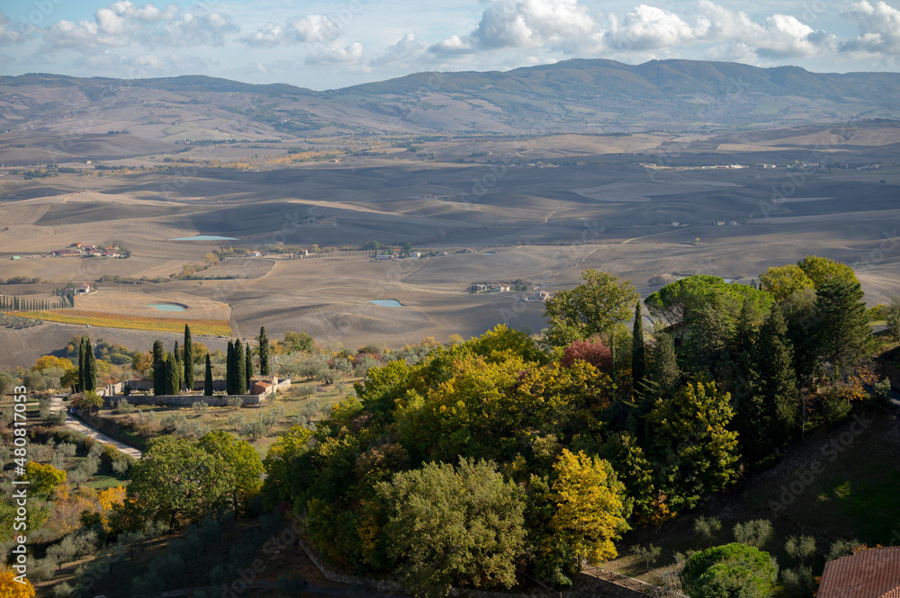Aerial view on hills of Val d'Orcia near Castiglione d'Orcia, Tuscany, Italy. Tuscan landscape with cypress trees, vineyards, forests and ploughed fields in autumn.