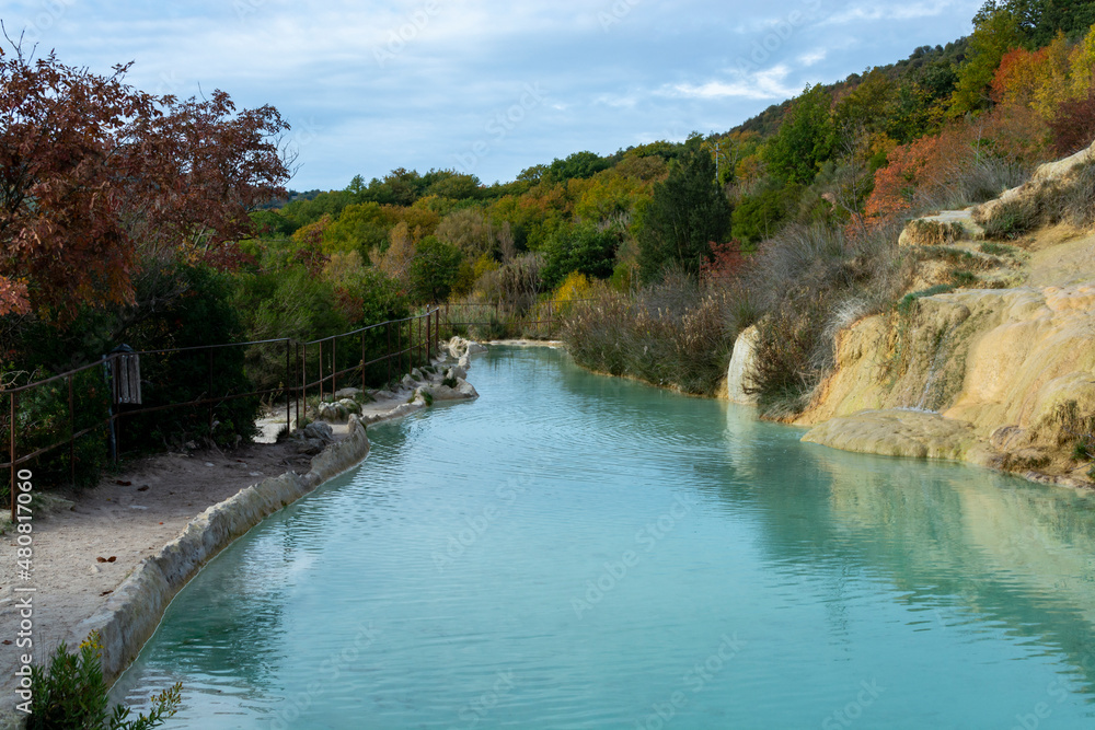 Ancient hot thermal springs and blue pool in nature park Dei Mulini, Bagno Vignoni, Tuscany, Italy Ancient hot thermal springs and blue pool in nature park Dei Mulini, Bagno Vignoni, Tuscany, Italy