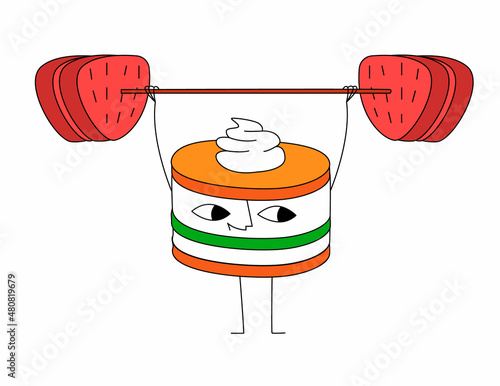 Vector flat linear illustration with a cake, tiramisu or jelly in the form of character lifting a barbell. The concept of low calorie sweets, diet, sports nutrition.