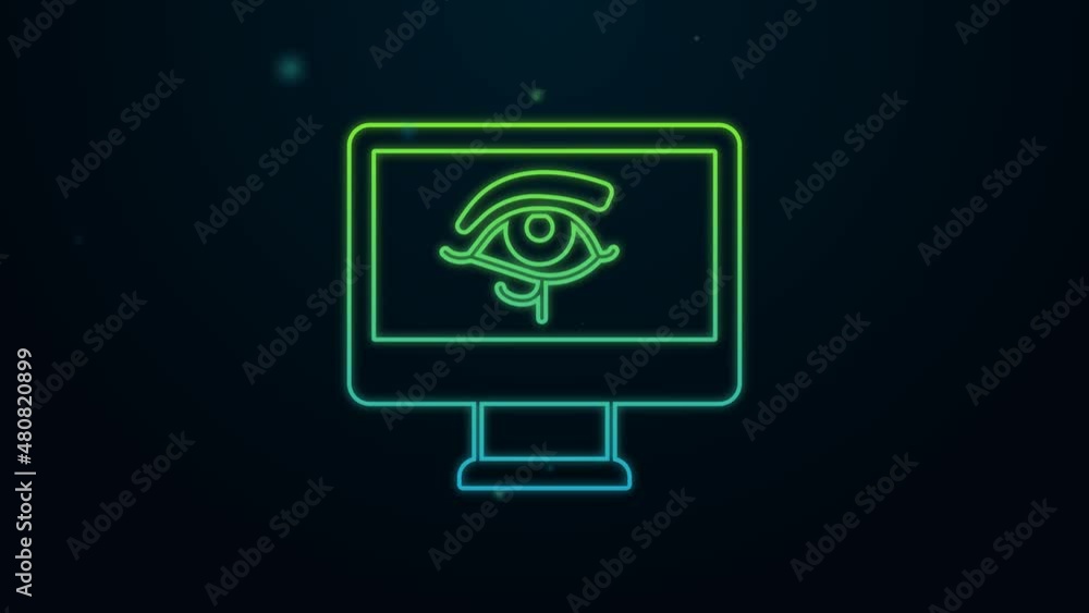 Glowing neon line Eye of Horus on monitor icon isolated on black background. Ancient Egyptian goddess Wedjet symbol of protection, royal power and good health. 4K Video motion graphic animation Glowing neon line Eye of Horus on monitor icon isolated on black background. Ancient Egyptian goddess Wedjet symbol of protection, royal power and good health. 4K Video motion graphic animation