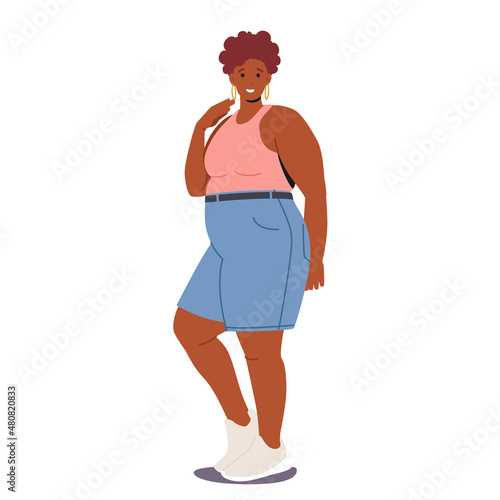 African American Plus Size Woman Dressed in Jeans Shorts and Slinky Top. Happy Girl Attractive Overweight Lady