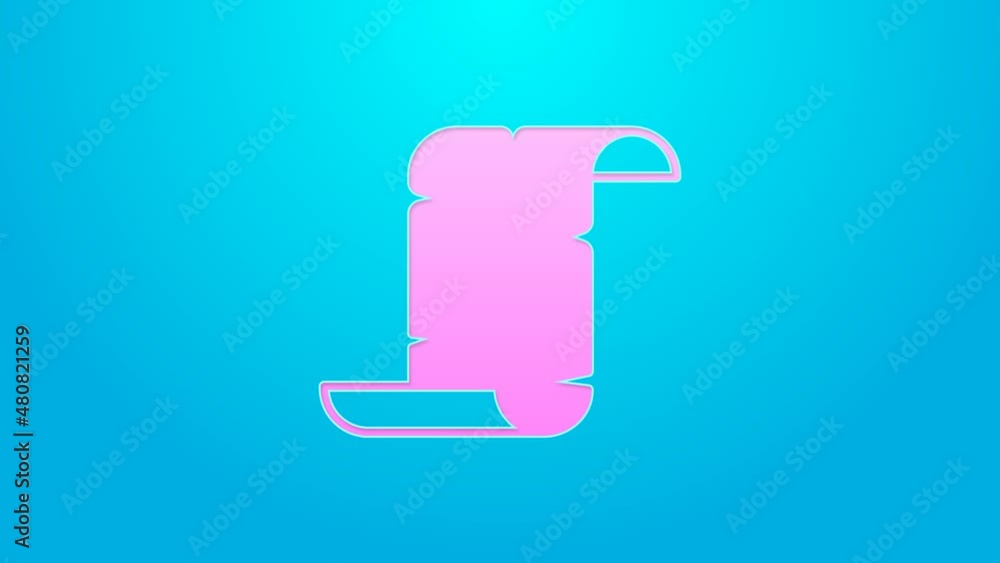 Pink line Ancient papyrus scroll icon isolated on blue background. Parchment paper. Ancient Egypt symbol. 4K Video motion graphic animation