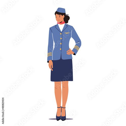 Stewardess Flight Attendant Air Hostess Girl Wearing Blue Uniform and Cap Stand with Arm Akimbo, Airplane Airline Staff