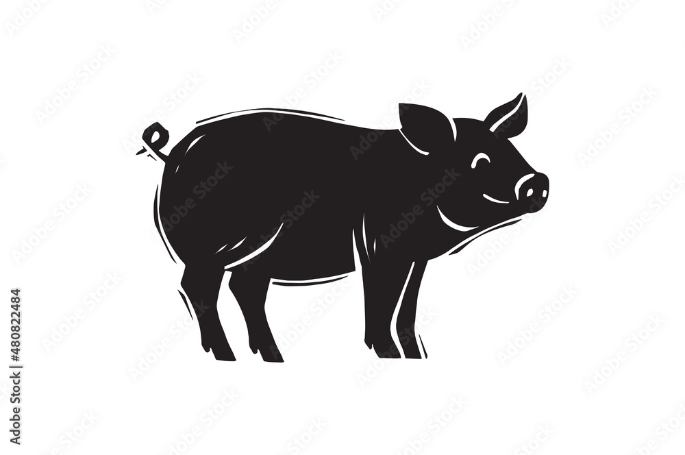 Agriculture and Farming concept. Icon with black pig silhouette and strokes. Animal or mammal. Design element for printing. Cartoon flat hand drawn vector illustration isolated on white background Agriculture and Farming concept. Icon with black pig silhouette and strokes. Animal or mammal. Design element for printing. Cartoon flat hand drawn vector illustration isolated on white background