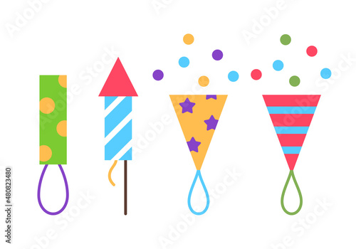 Fire crackers flat icons set isolated on white background. Fireworks rocket petard firecracker symbol for party event holiday celebration decoration Colorful festive element design vector illustration