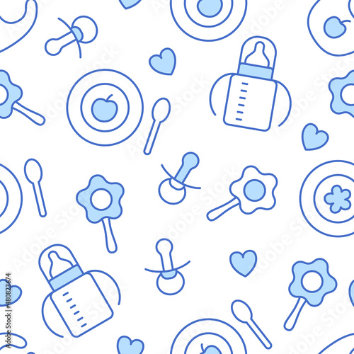 Thin line baby seamless pattern. Nursery wallpaper, wrapping paper tile ornament, scrapbook. Outline baby shower decoration background. Newborn crockery rattle milk bottle design vector illustration.