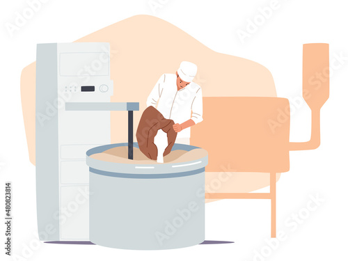 Bakery Industry, Baked Food Producing and Manufacture. Worker in Uniform Prepare Fresh Bread Pouring Flour to Container