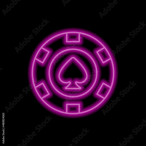 Casino, poker chip simple vector, icon. Flat desing. Purple neon on black background.ai