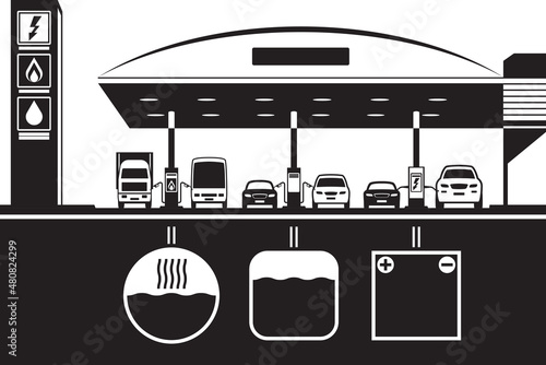 Petrol LPG and charging station with infrastructure – vector illustration