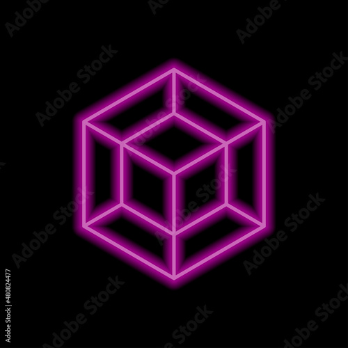 Cube, tesseract simple icon. Flat desing. Purple neon on black background.ai