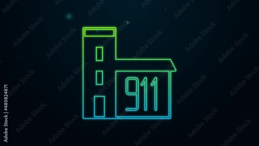 Glowing neon line Building of fire station icon isolated on black background. Fire department building. 4K Video motion graphic animation Glowing neon line Building of fire station icon isolated on black background. Fire department building. 4K Video motion graphic animation