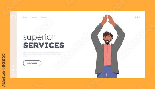 Superior Service Landing Page Template. Man Clap Hands above Head, Male Character Celebrate Success. Applaud, Support