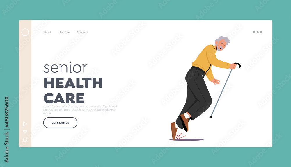 Senior Health Care Landing Page Template. Old Character Stumble on Road Falling Down on the Ground. Aged Man Clumsiness