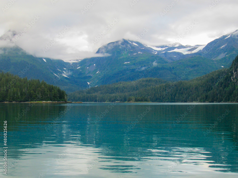 A Backwater Bay in Alaska Surrounded by a Conifer Forest and Mountains