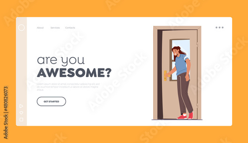 Invitation, Entrance to Home Apartment or Office Landing Page Template. Character Opening Door Leaving or Enter House