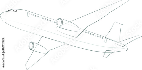 Linear icon scetch airplane isolated on white background, eps 10, stock vector illustration of large speed transport, fly object silhouette, wing tourism