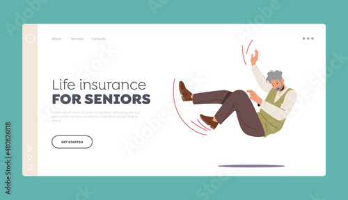 Life Insurance for Seniors Senior Landing Page Template. Careless Aged Man Falling, Old Male Character Fall due Stumble