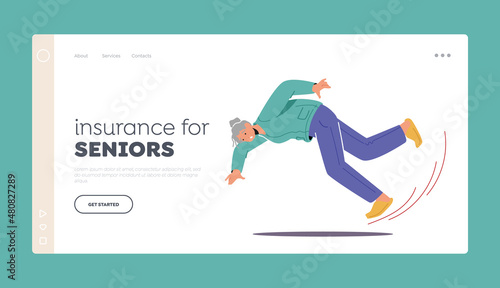 Insurance for Seniors Landing Page Template. Senior Female Character Slip on Wet Floor or Puddle Falling Down on Ground