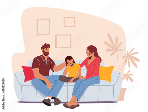 Father and Mother Comforting Upset Kid, Loving Parents Support Child, Daughter with Sad Emotions and Dull Face