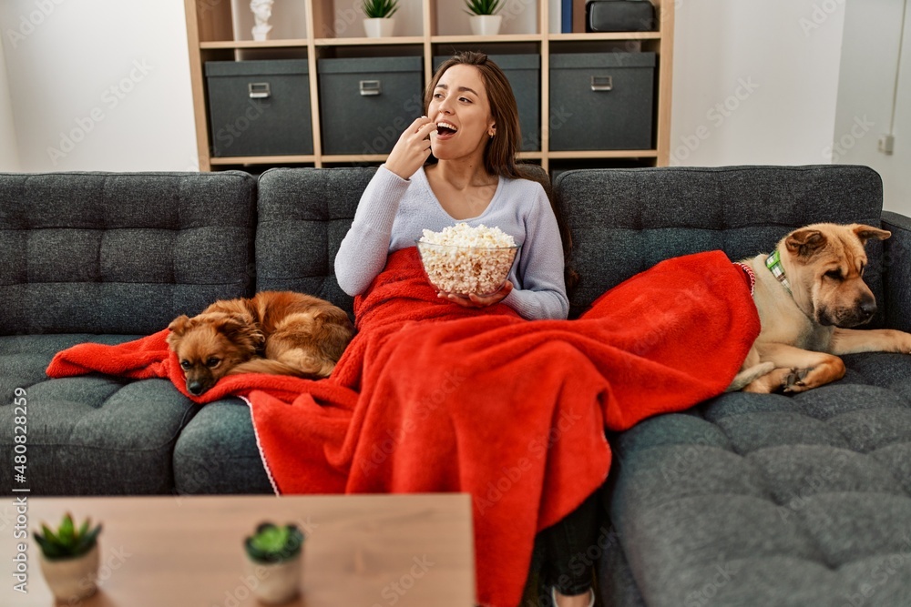 Ταπετσαρία Young hispanic woman watching movie sitting on sofa with dogs at home