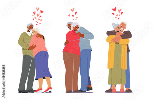 Senior Loving Couples Hug, Aged People Romantic Relations Concept. Happy Old Men or Women Embracing, Holding Hands