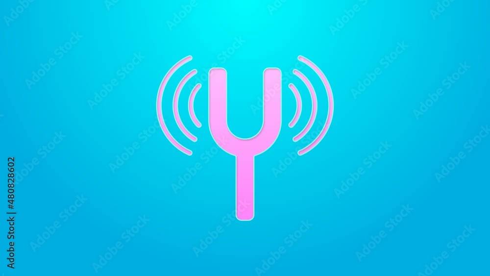 Pink line Musical tuning fork for tuning musical instruments icon isolated on blue background. 4K Video motion graphic animation Pink line Musical tuning fork for tuning musical instruments icon isolated on blue background. 4K Video motion graphic animation