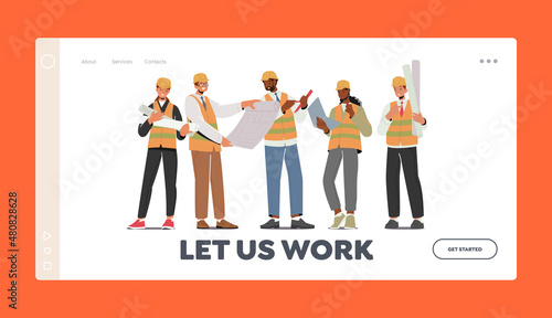 Professional Architecture Employees Landing Page Template. Builder Workers, Construction Engineers or Foreman Characters
