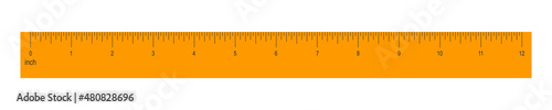 12 inches or 1 foot orange ruler isolated on white background. Math or geometric tool for distance, height or length measurement with markup and numbers. Vector flat illustration.
