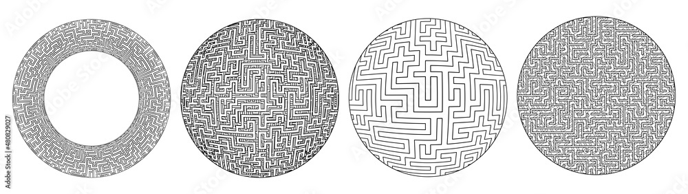 Torus and sphere maze pattern set. Circular labyrinth technology design elements.