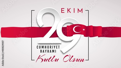Cumhuriyet bayrami 29 ekim video concept. Colorful clip with pop up Turkish flag with moon and star, inscriptions and numbers. Moving Greeting Card for Turkish National Day. Graphic animated cartoon photo
