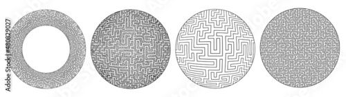 Torus and sphere maze pattern set. Circular labyrinth technology design elements.