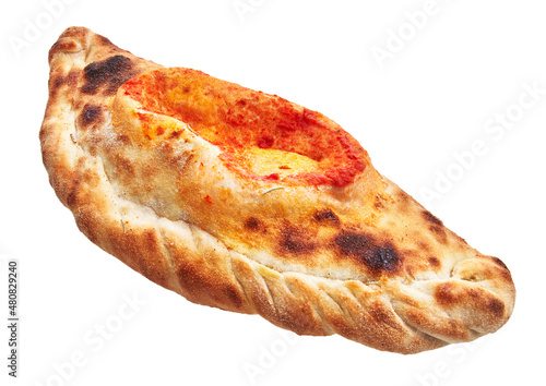  Single calzone italian pizza isolated over white background photo