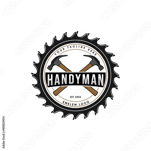 woodworking logo. saw blade and hammers with ornaments, carpenter's symbols, for carpentry or furniture