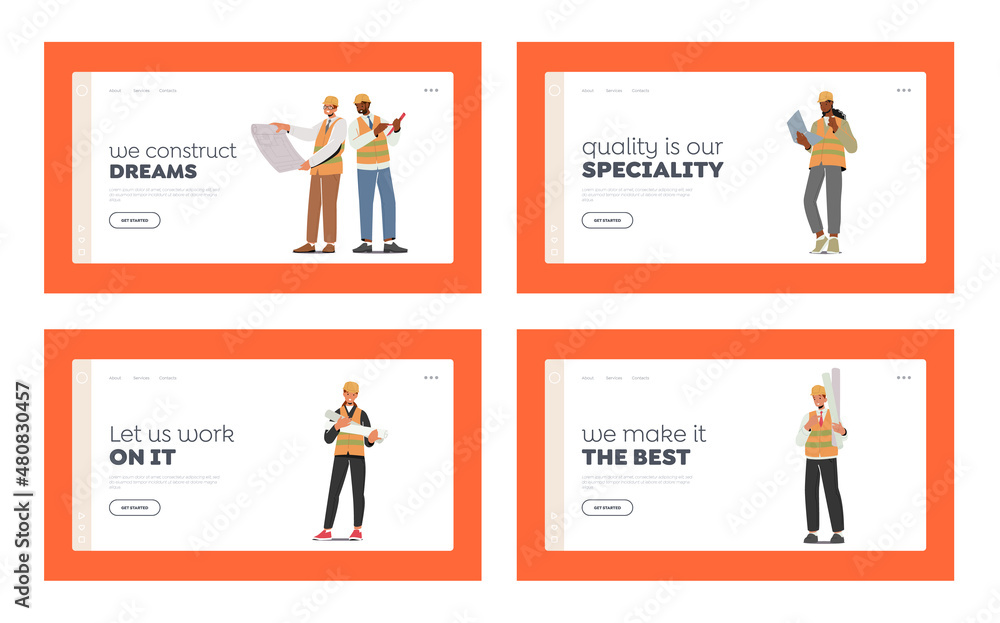 Architects with House Plan Landing Page Template Set. Builders, Construction Engineers or Foreman Characters Architects with House Plan Landing Page Template Set. Builders, Construction Engineers or Foreman Characters