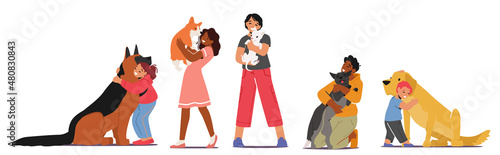 Children Hug Dogs, Love, Tenderness to Animals Concept. Girls and Boys Kids Characters Cuddle with Pets, Holding Puppies