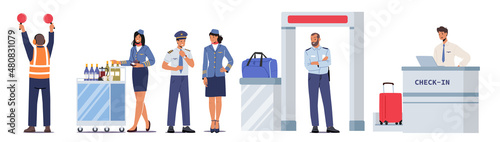 Airport Staff Air Traffic Controller with Lights, Pilot of Airplane, Airport Check-in Employee, Security and Stewardess