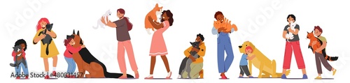 Children Hug Dogs and Cats, Girls and Boys Kids Characters Cuddle with Pets, Holding Cute Puppies and Kittens on Hands