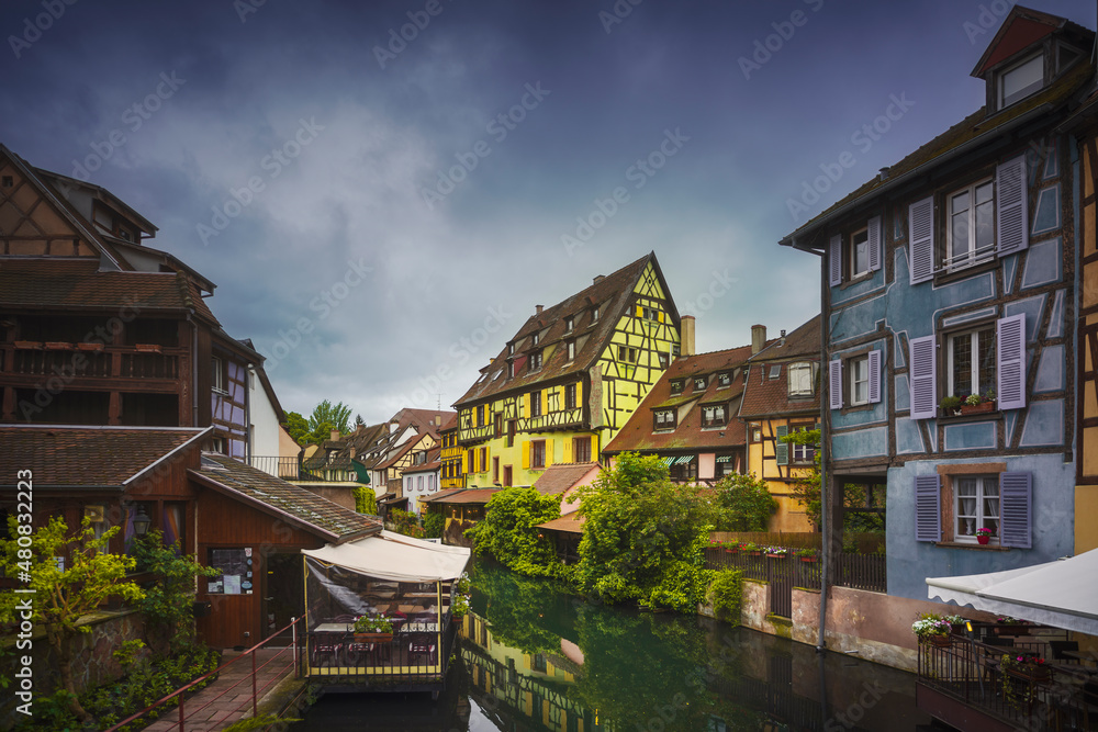 Colmar, Petite Venice, water canal and half-timbered houses. Alsace, France.