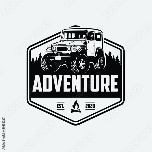 Classic adventure overland vehicle in outdoor emblem logo. Best for adventure and outdoor enthusiast logo