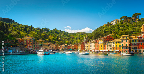 Canvas Print Portofino luxury destination, village and marina. Liguria, Italy