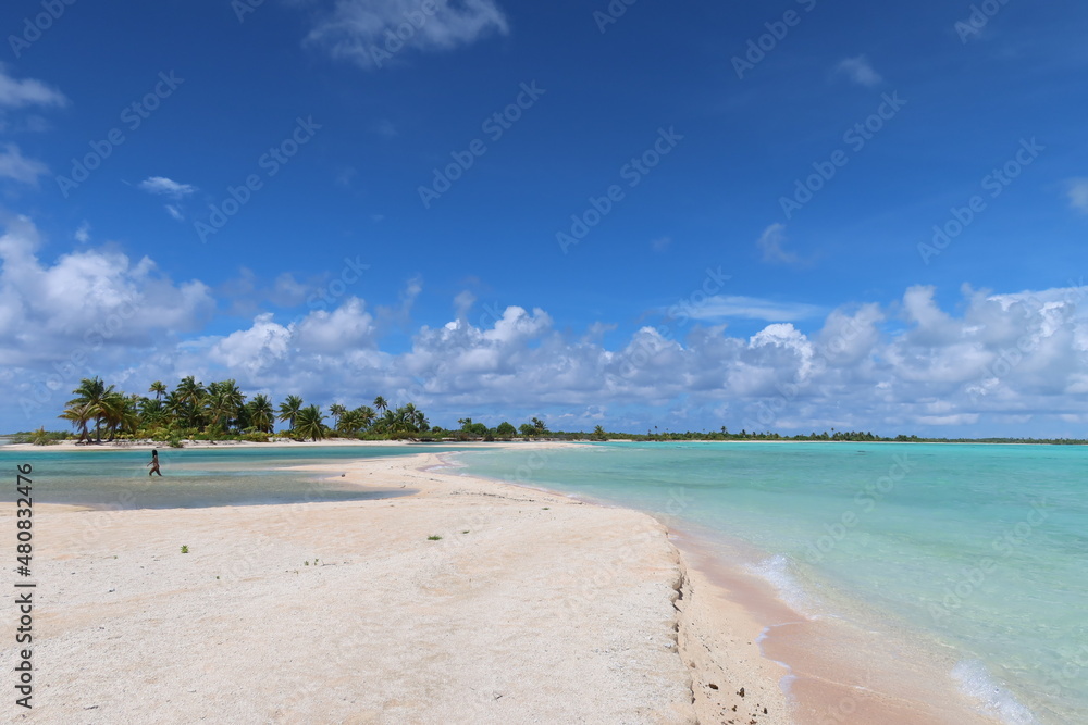 Là lagon bleu et plage de sable rose sur une île de Polynésie Là lagon bleu et plage de sable rose sur une île de Polynésie
