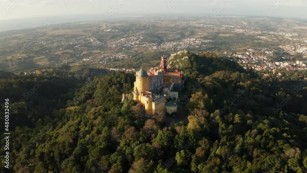 Aerial Drone Shot of the Palace of Pena, Sintra National Park, Portugal Aerial Drone Shot of the Palace of Pena, Sintra National Park, Portugal
